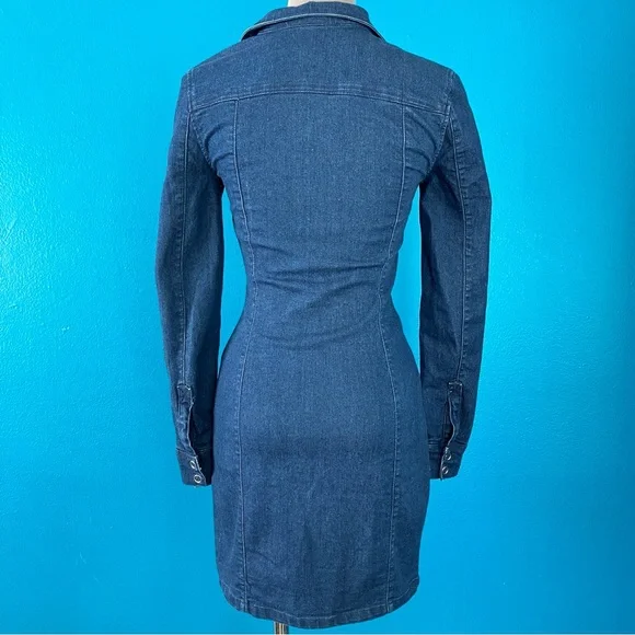 Fitted Denim Mini Dress w/ Long Sleeves in Dark Wash Blue Jean Size 2 XS - Picture 5 of 9